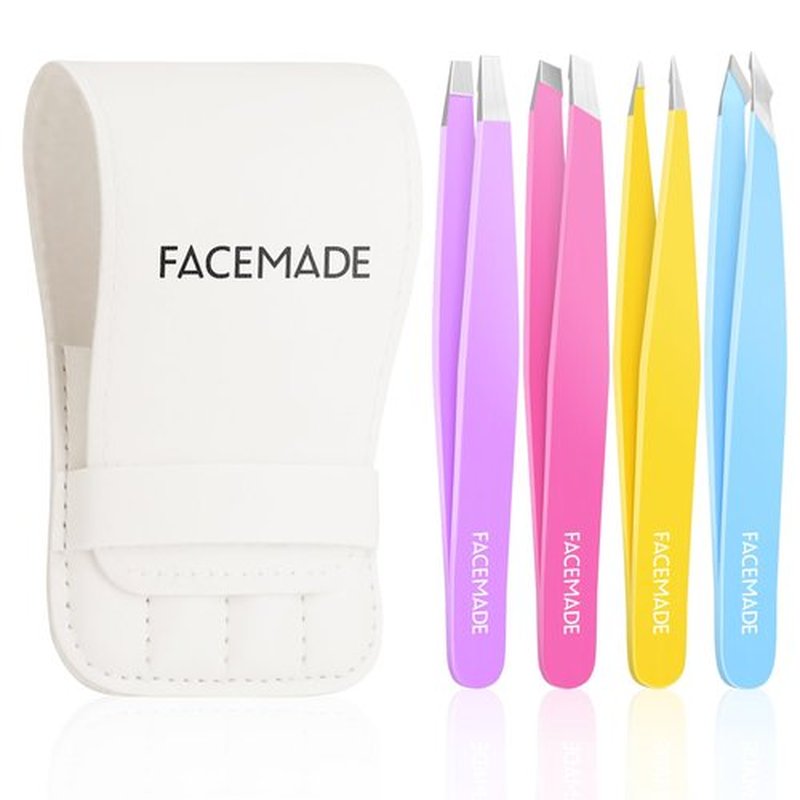 FACEMADE 4 Pack Tweezers Set - Professional Stainless Steel Tweezers for Men and Women, Precision Eyebrow Tweezers for Facial Hair, Chin, and Ingrown Hair Removal (Purple, Rose Red, Yellow & Blue)