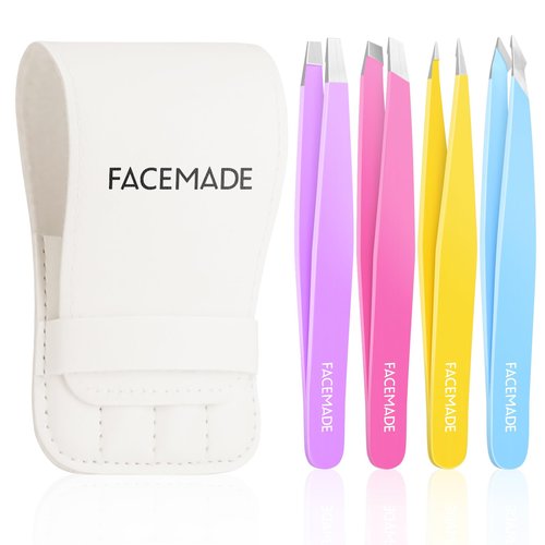 FACEMADE 4 Pack Tweezers Set - Professional Stainless Steel Tweezers for Men and Women, Precision Eyebrow Tweezers for Facial Hair, Chin, and Ingrown Hair Removal (Purple, Rose Red, Yellow & Blue)