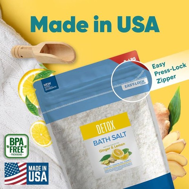 Detox Bath Salt 128 Ounces Epsom Salt with Natural Ginger and Lemon Essential Oils Plus Vitamin C in BPA Free Pouch with Easy Press-Lock Seal