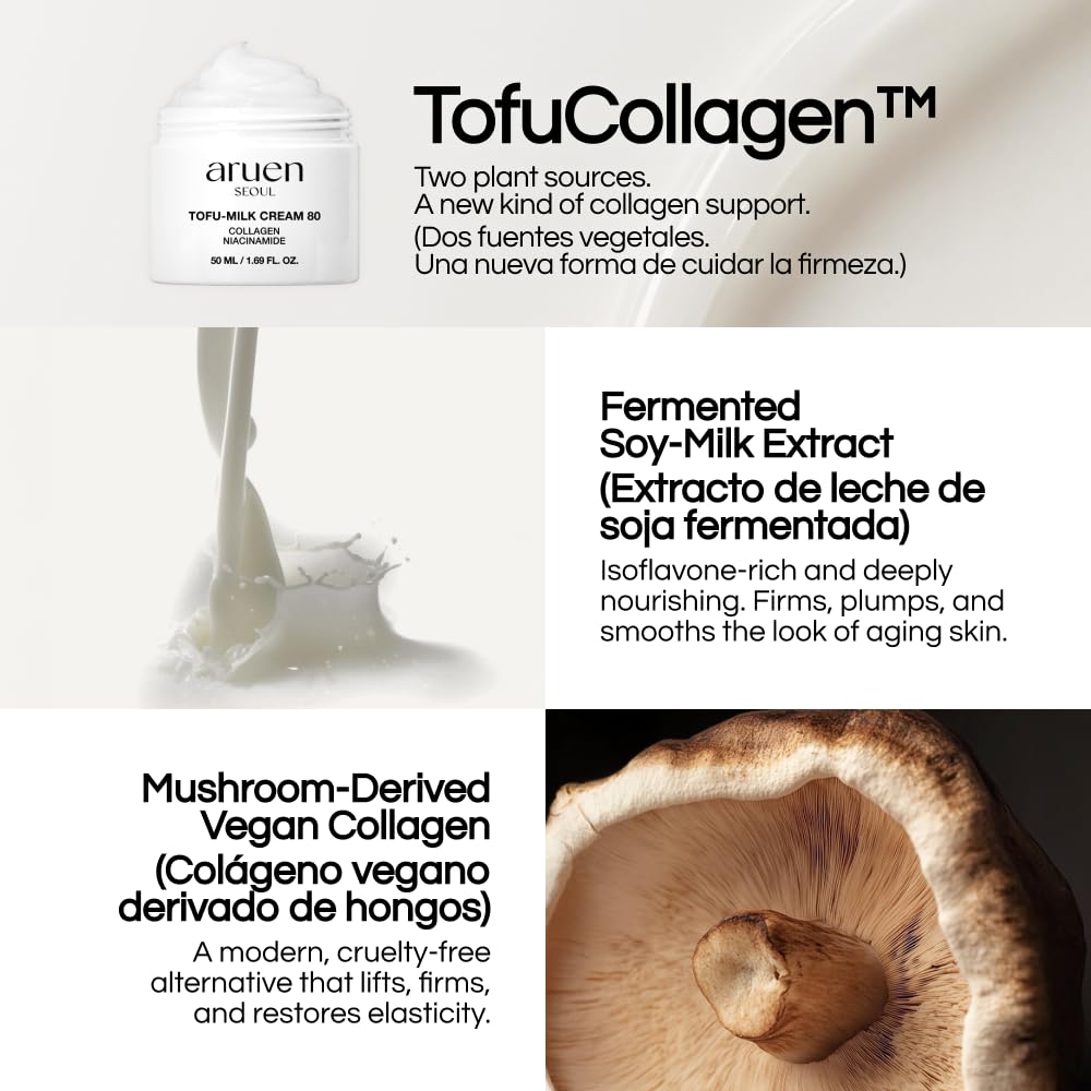 aruen Tofu Collagen Dual-Firming Jelly Cream - 80% Fermented Soy Milk + Bean Essence + Niacinamide - Korean Glass Skin Tightening, Daily Facial Moisturizer (1.69 fl.oz | 50ml)