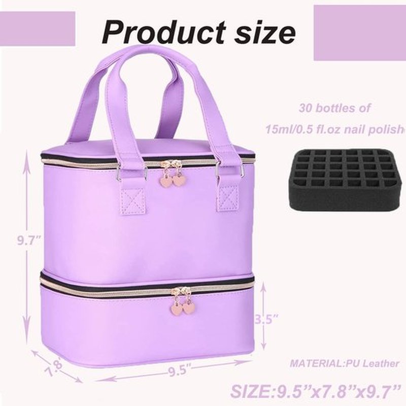 FCQQYWZ Nail polish Case, Nail Polish Organizer Bag and Nail Dryer Case Holds 30+ Bottles (15ml/0.5 fl.oz) and a Nail Lamp, Travel 2 Layer Nail Polish Storage with Sturdy Handles(Purple)