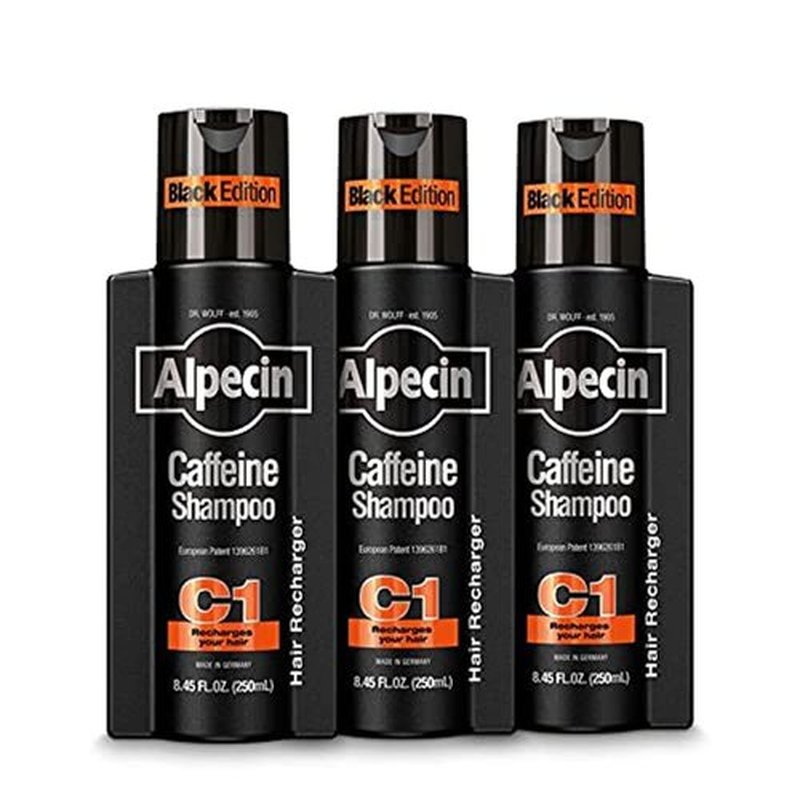 Alpecin Caffeine Shampoo C1 Black Edition, Men's Natural Hair Growth Shampoo for Thinning Hair with Niacin, Menthol, and Castor Oil, 8.45 fl. oz., Pack of 3