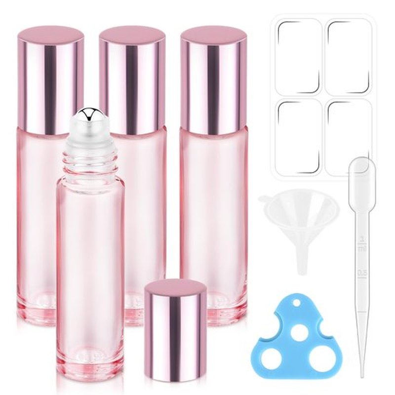 4 Pack, Essential Oil Roller Bottles, Pink Glass Roller Balls for Essential Oils, 10ml Empty Rollerball Bottles for Travel Refillable Roll on Perfume Bottles with Pink Caps