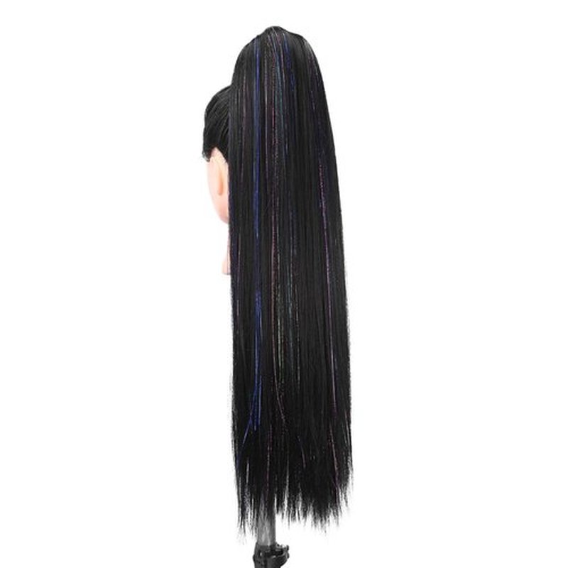 WIGER Long Straight Ponytails Tinselled Straight Hair Extension Wrap Around 26 Inch Black Synthetic Clip-in Hairpiece with Tinsel for Women