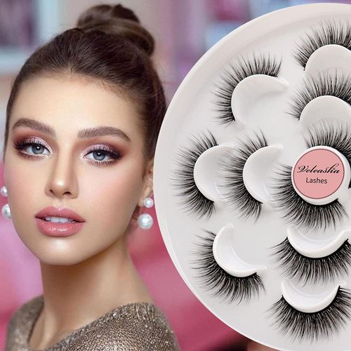 Veleasha Lashes 5D Faux Mink Lashes False Eyelashes Handmade Eye Lashes Wispy Fluffy Fake Lashes Eyelashes Natural Look 7 Pairs Luxurious Volume Fake Eyelashes Pack (5D32)