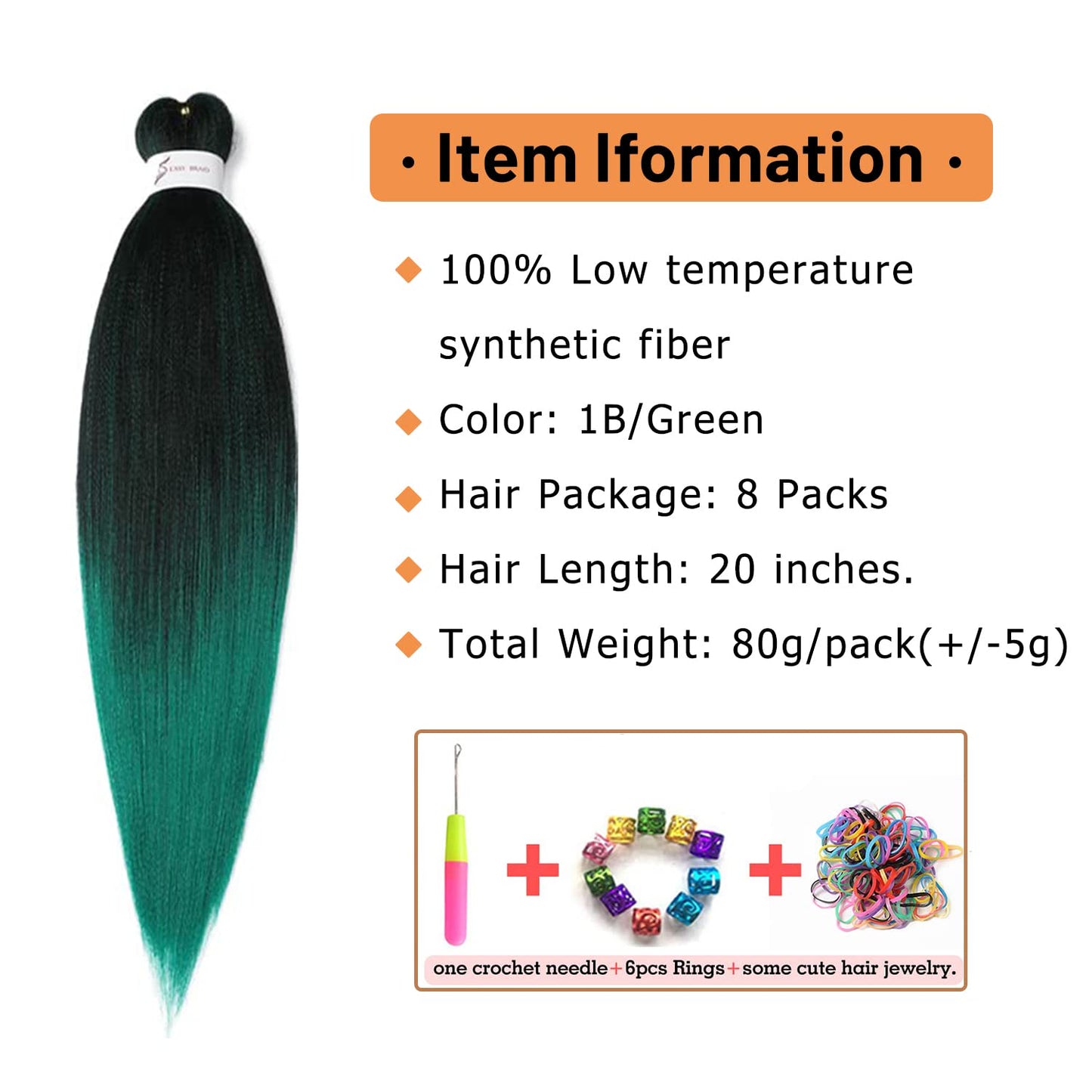 Pre-Stretched Braiding Hair, 20 inch Braiding Hair 8 Packs Ombre Black to Green Professional Soft Yaki Texture,No Itch, Hot Water Setting Hair Extensions for Braids (20in,1B/Green)