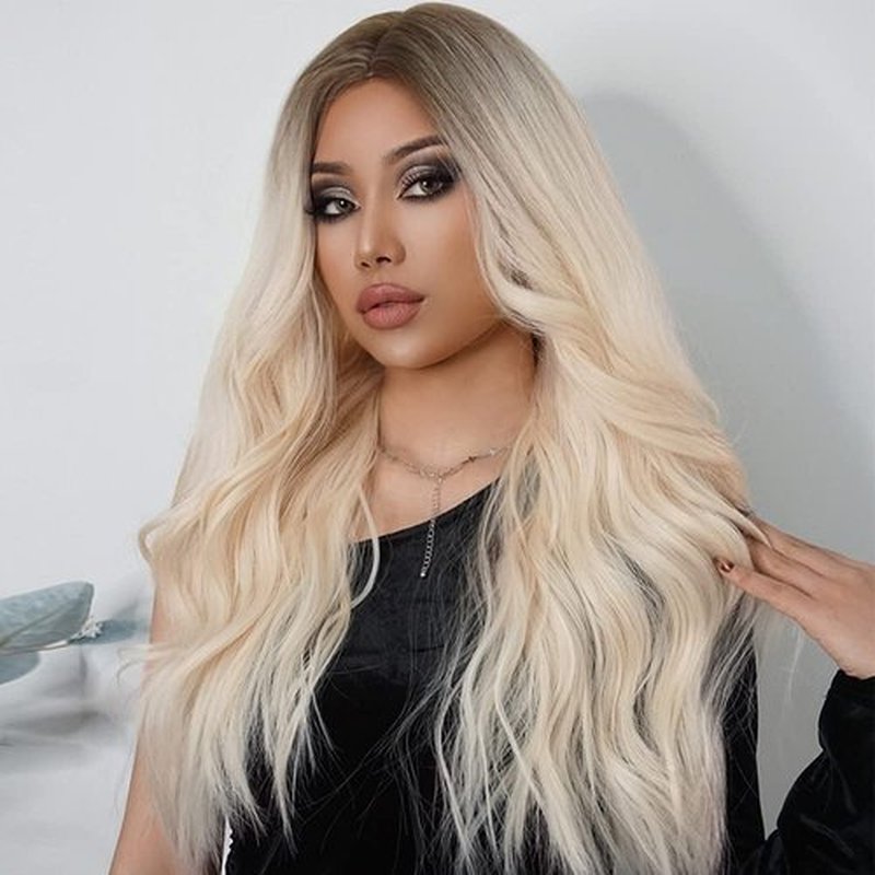 BERON Blonde Wig Long Wavy Wig Blonde Wig with Dark Roots Long Curly Wig Wig Blonde Wigs Charming Full Wigs for Cosplay Party or Daily Use Wig Cap Included