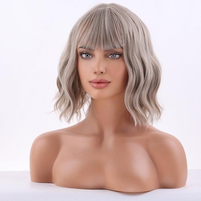 MAGQOO Blonde Wig for Women Short Mixed Blonde Wig Ash Blonde Bob Wig with Bangs Shoulder Length Loose Wave Wig for Girls Synthetic Cosplay Wig