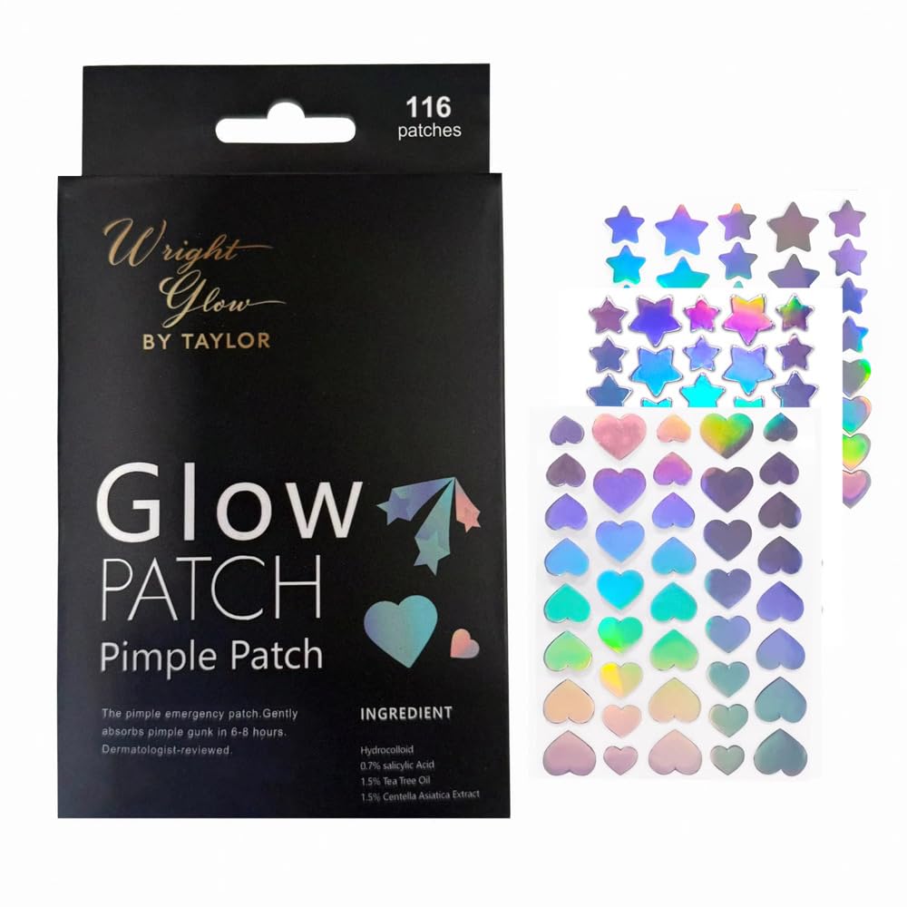 Wright Glow By Taylor Overnight Pimple Fix Patches – Natural Ingredients, Star & Heart‑Shaped Hydrocolloid Stickers, Dual Size 67‑85 mm & 66‑98 mm, 116  Patches for Clear, Confident Skin