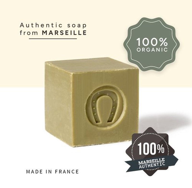 Fer à Cheval Pure Olive Authentic Savon De Marseille Soap Bar - 100% Natural, Hypoallergenic, Pack of 4 - Crafted in Cauldrons with French Olive Oil - Palm Oil Free & Eco-Friendly, 100g/3.53oz