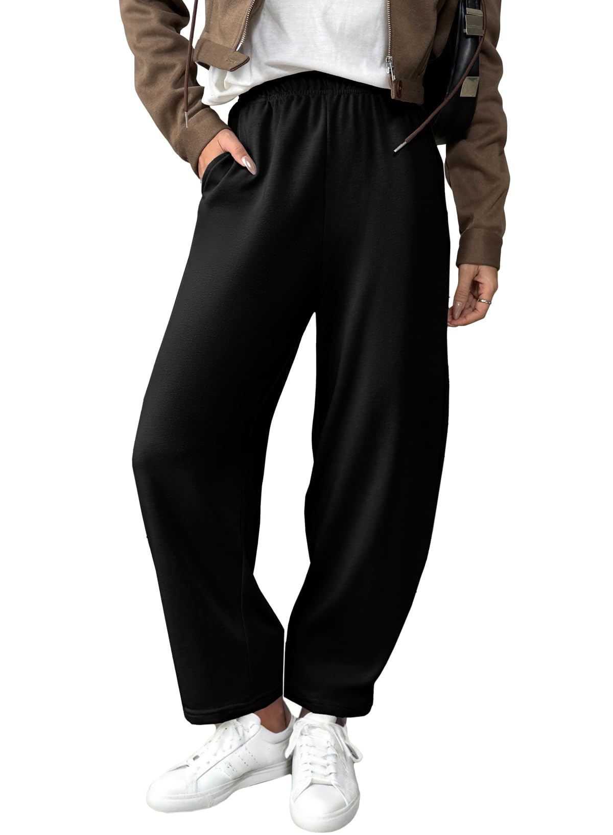 EVALESS Wide Leg Sweatpants Women Fall Clothes Casual Elastic High Waisted Baggy Pants Cropped Length Ballon Joggers with Pockets Black X-Large