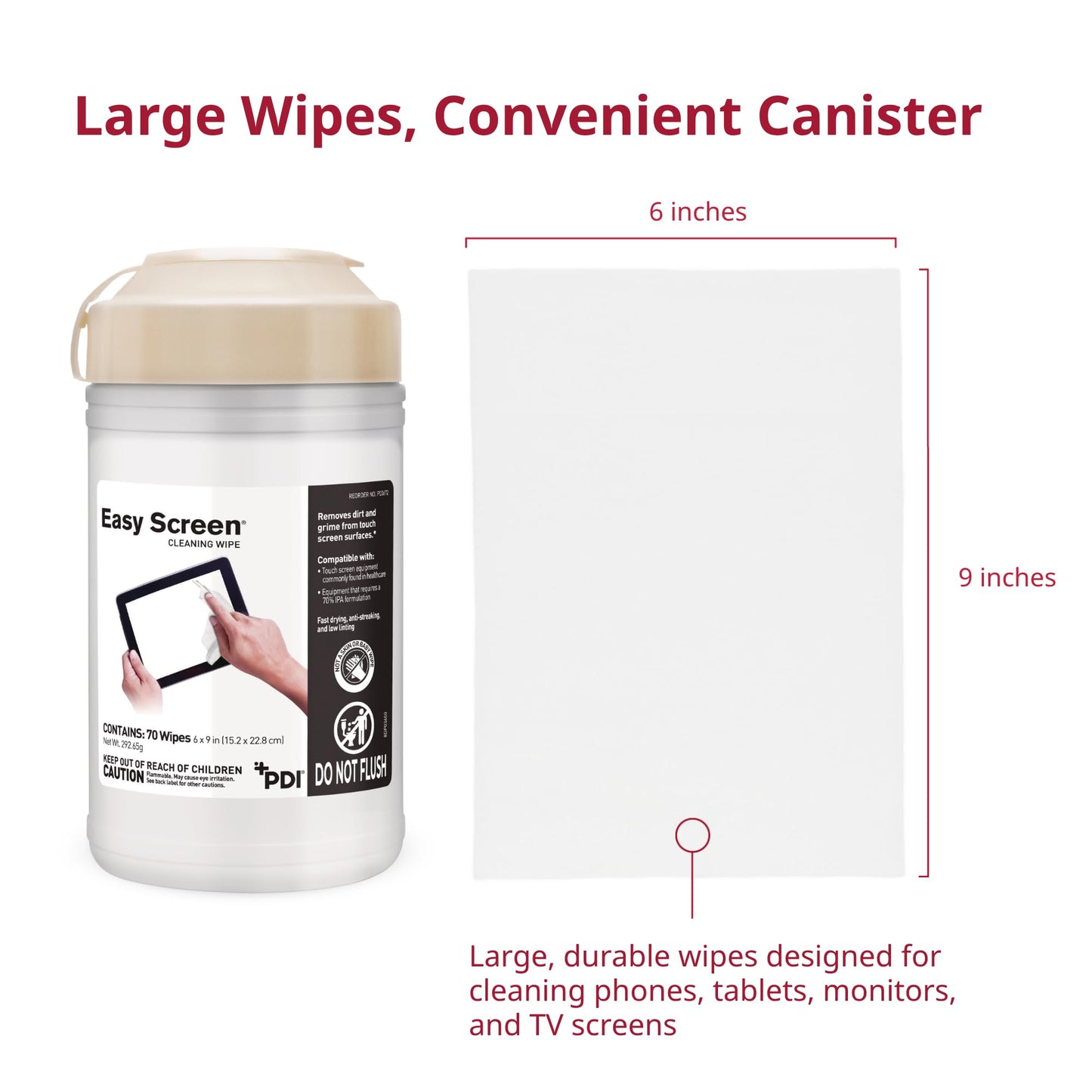 Easy Screen Cleaning Wipes, Electronic Screen Cleaning, Laptops, Monitors, Phone, Tablet, TV Screen Cleaning Wipe, 70 Wipes per Canister, Large 9"x 6" Durable Wipe