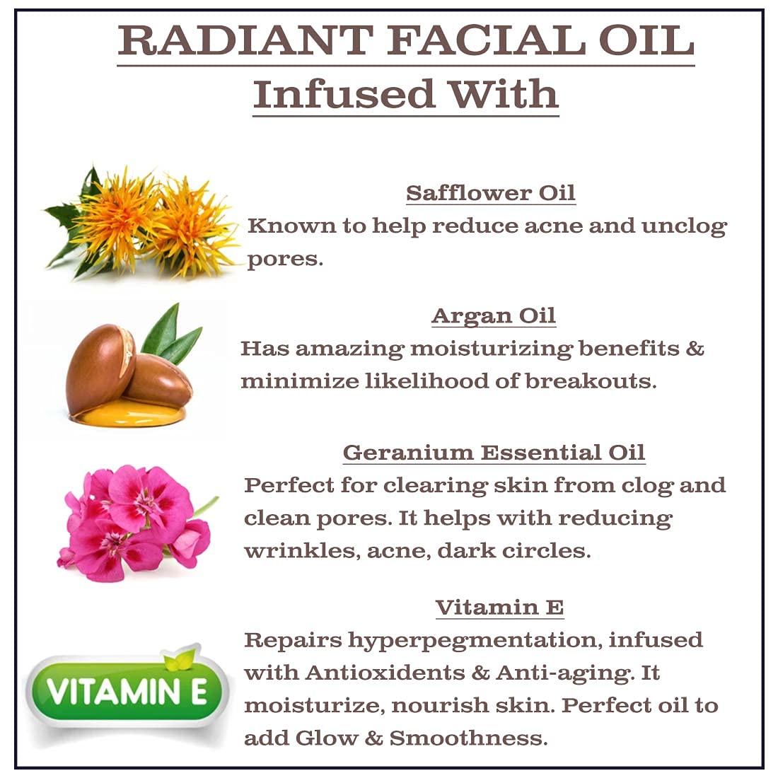 Olivia Care Facial Oil Infused with Argan, Safflower, Vitamin E & Geranium Essential Oil - All Natural - Hydrating, Anti-aging & Antioxidants - Remove Wrinkles & Clear Pores - 2 FL OZ