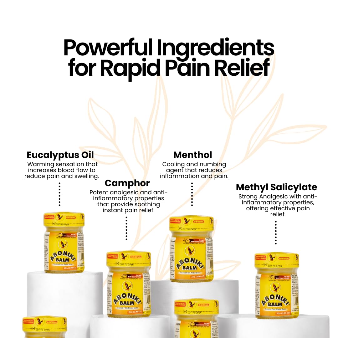 Aboniki Balm (6 Plastic Jars) – Powerful Topical Pain Relief Balm for Sore Muscles and Joints | Anti Inflammatory Analgesic Rub with Cooling Menthol for Back, Knee, Neck, Shoulder, Wrist & Body Ache