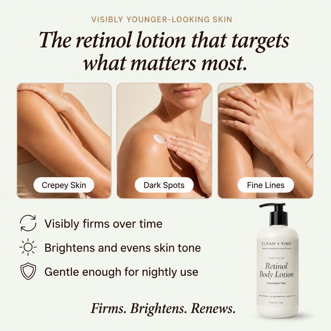 Clean + Kind Retinol Body Lotion with Tallow — Firming + Tightening Anti-Aging Cream for Crepey, Mature Skin, Hyaluronic Acid + Niacinamide — Fragrance-Free Moisturizer for Women, Made in USA, 8 oz