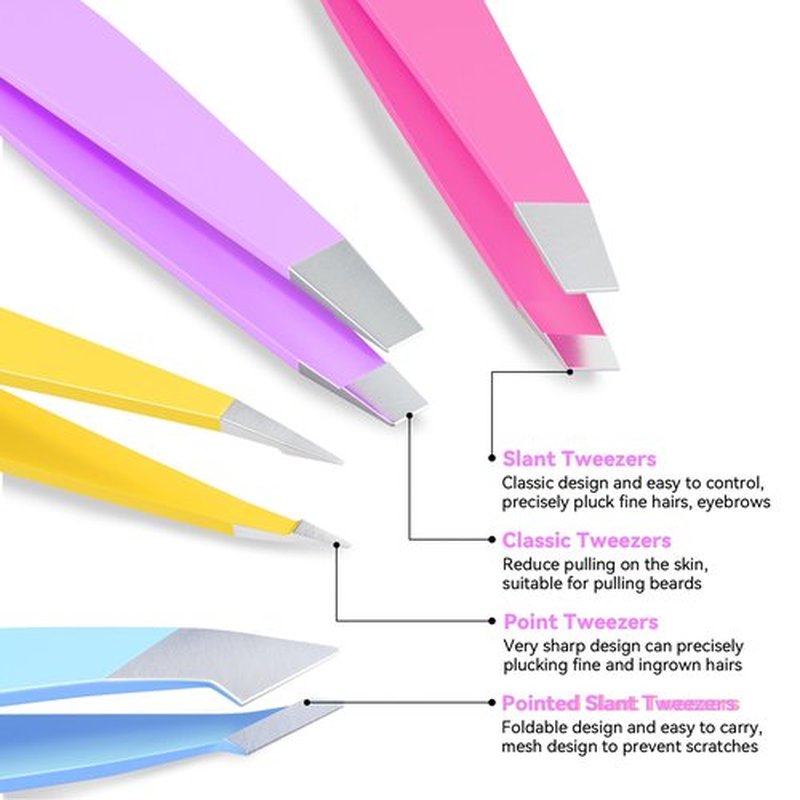 FACEMADE 4 Pack Tweezers Set - Professional Stainless Steel Tweezers for Men and Women, Precision Eyebrow Tweezers for Facial Hair, Chin, and Ingrown Hair Removal (Purple, Rose Red, Yellow & Blue)