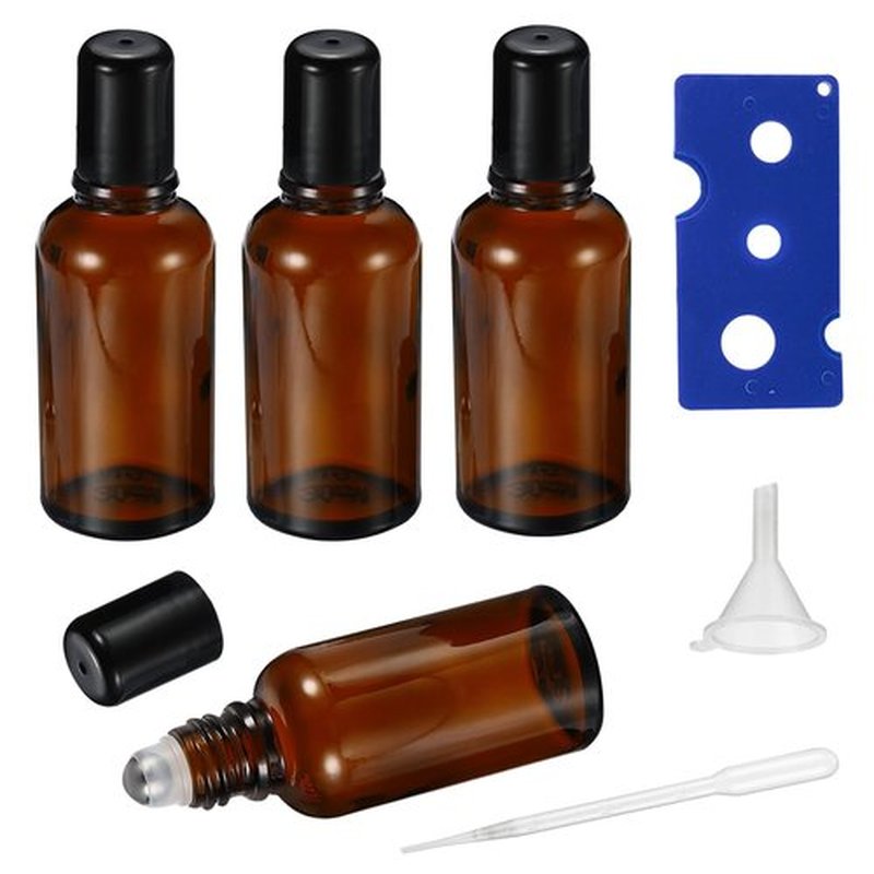 HEYLEAYAR 30ML Roller Bottles for Essential Oil, 4 Pack Empty Amber Glass Roller Bottles for Perfume Oil, Roll on Bottles with Stainless Steel Roller Balls, Opener, Funnel and Dropper