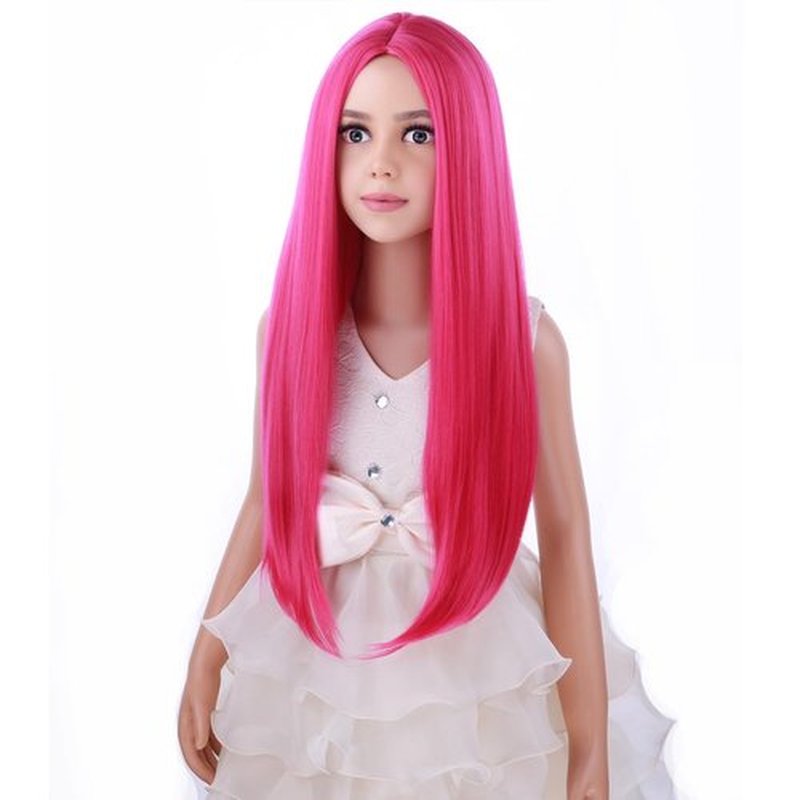 PATTNIUM Child Kids Hot Pink Wig Long Straight Pink Wig for Kids Girls Magenta Wig Neon Pink Rose Pink Wig Long Middle Part Sythetic Wig with Wig Cap