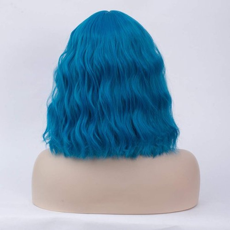 BUFASHION 14" Women Short Wavy Curly Wig Blue Bob Wig Cosplay Halloween Synthetic Wigs Wigs With Neat Bang Wig With Free Wig Cap (Blue 1)