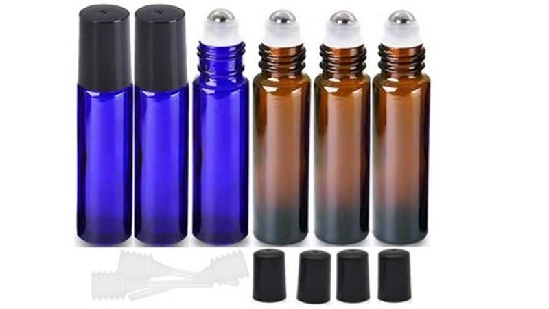 HINNASWA Essential Oil Roller Bottles, Empty Refillable Roll on Glass Bottles, Leak proof Glass Bottle, Stainless Steel Balls for Essential Oil (Amber, Blue)