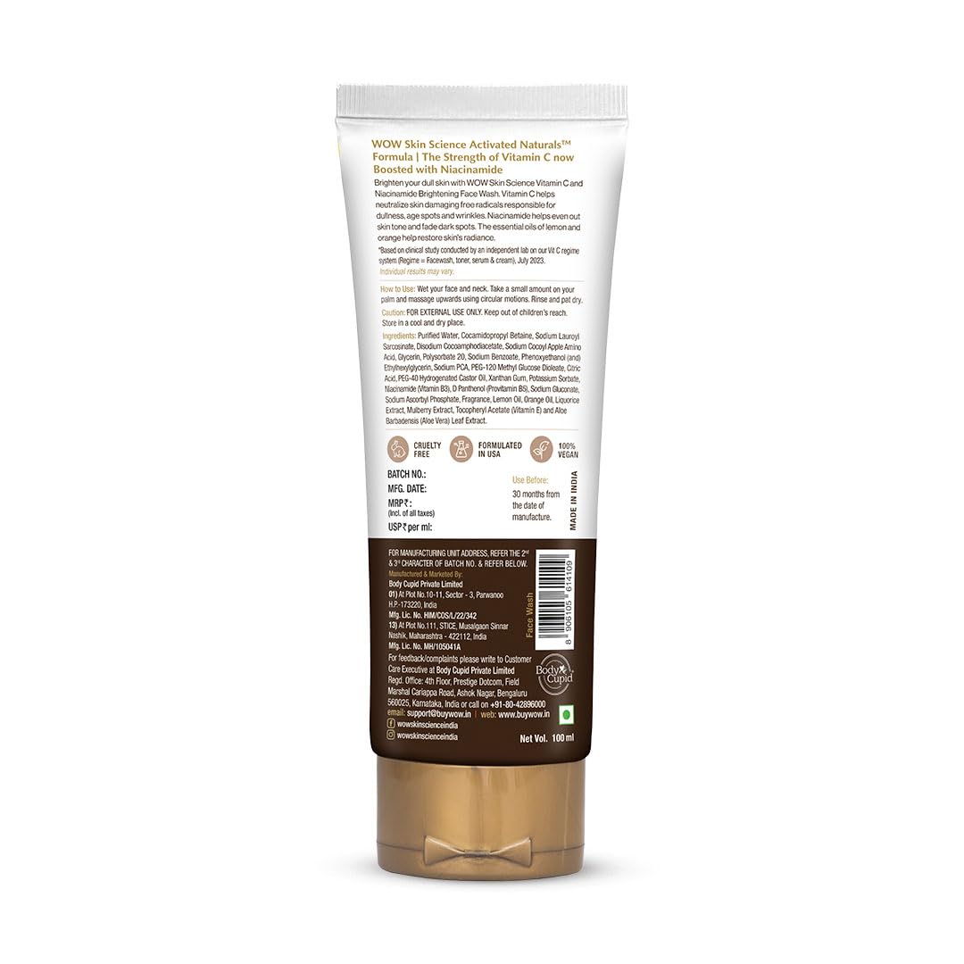 WOW Brightening Vitamin C Face Wash - No Parabens, Sulphate, Silicones, Color & Synthetic Fragrance - 100mL