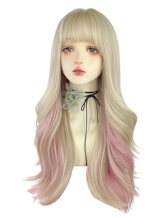 WKLOUYHE Long Wavy Wig for Women Synthetic Curly Wig with Bangs Fibre Cosplay Wig for Girls Daily Use Colorful Wigs (Gold+Pink)