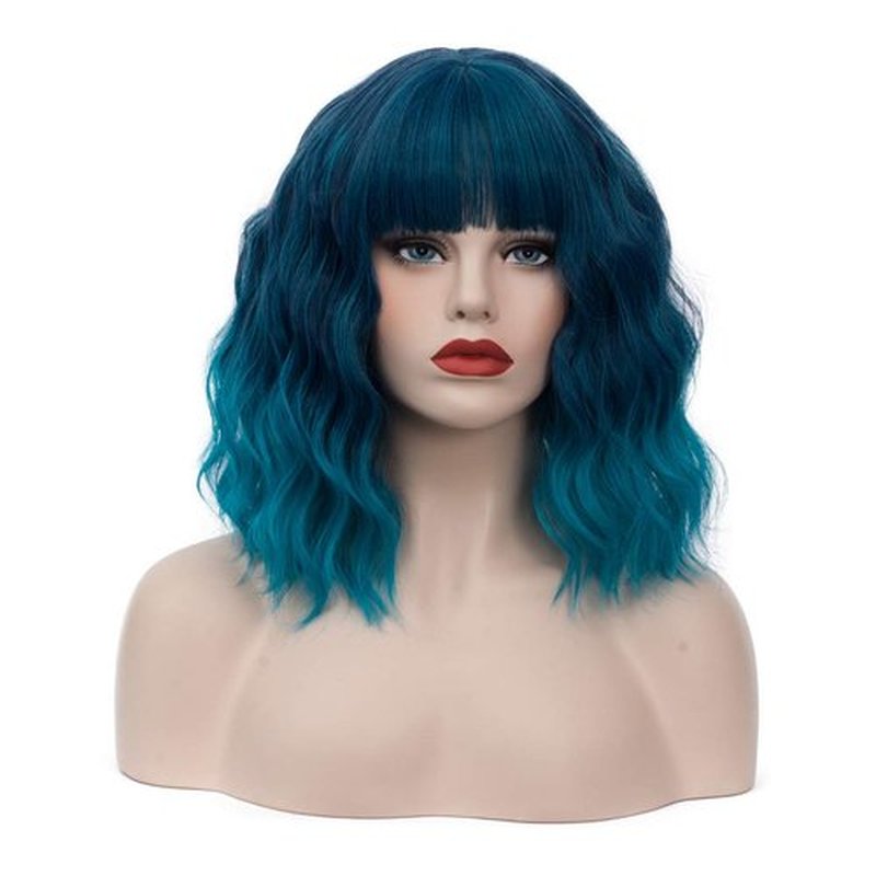 WGPFWIG Women's Blue Ombre Wig Short Curly Wavy Wig Shoulder Length Flat Bangs Wig For Women Girl Cosplay Party Halloween Wig Cap Included (Blue Ombre)