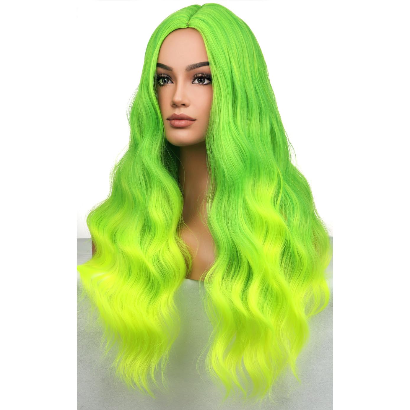 BERON Neon Green Wigs Long Wavy Wig for Women Costume Curly Ombre Green Color Girls Heat Resistant Synthetic Hair Wigs for Cosplay Party or Daily Used