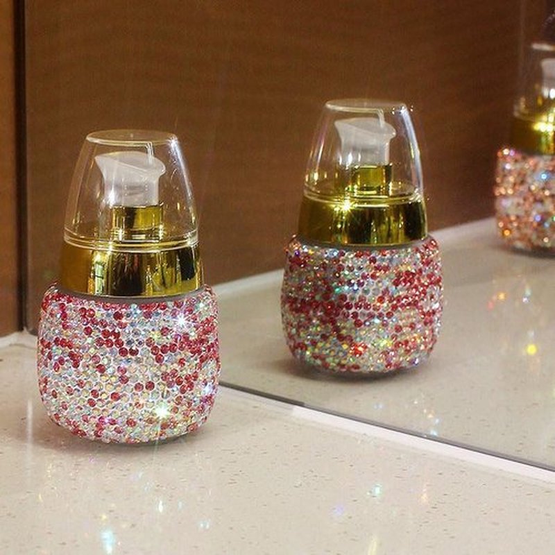 Rhinestone Travel Portable 30ml Lotion Dispensing Empty Bottle - Luxury Bling Glass Cosmetic Empty Container - Press Pump Design for Easy Dispensing - Ideal for Beauty On-The-Go (Pink)