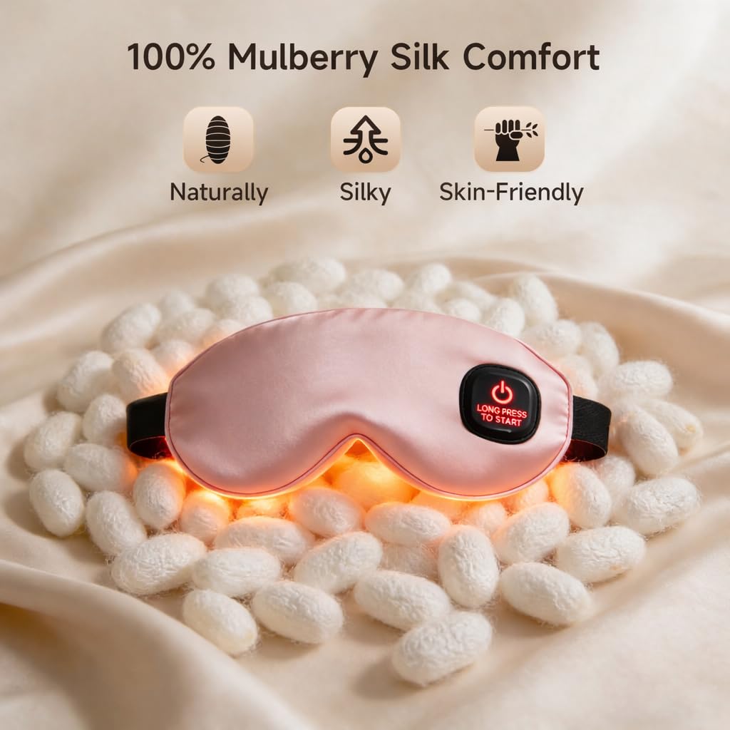 Vitelum Cordless Eye Mask with Heat and Cooling, Silk Heated Eye Mask for Dry Eyes, Eye Relief, Timed Shutdown, 3 Temperature, Eye Mask for Travel, Washable Cover, Pink
