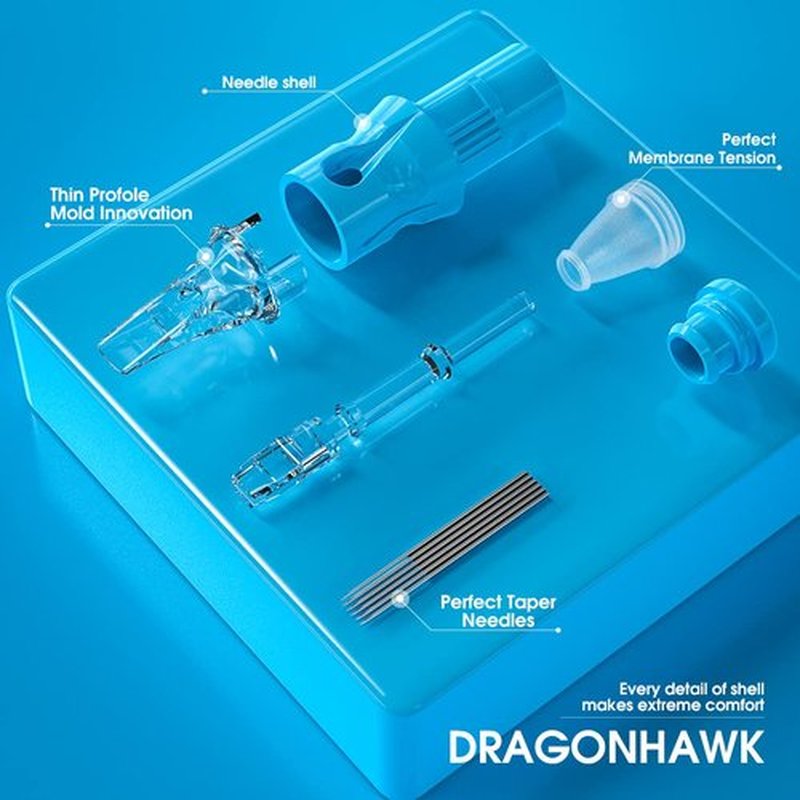 Dragonhawk Tattoo Needles Cartridges, 1207RLT Round Liner Tight Long Taper, 50 Count Needles Kit, Membrane Transparent for Pro Aritsts