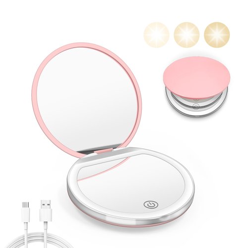 Kakuje Compact Mirror with Light, 1X/3X Magnification LED Pocket Mirror with USB Data Cable,Mini Mirror for Purse, Pocket,Travel and Present (Pink)