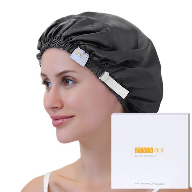 ZIMASILK 100% Mulberry Silk Bonnet for Sleeping Women Long Hair Double Layer Silk Hair Wrap with Adjustable Band Natural Silk Bonnet for Hair Care Stay On Head (1Pc, Dark Grey)