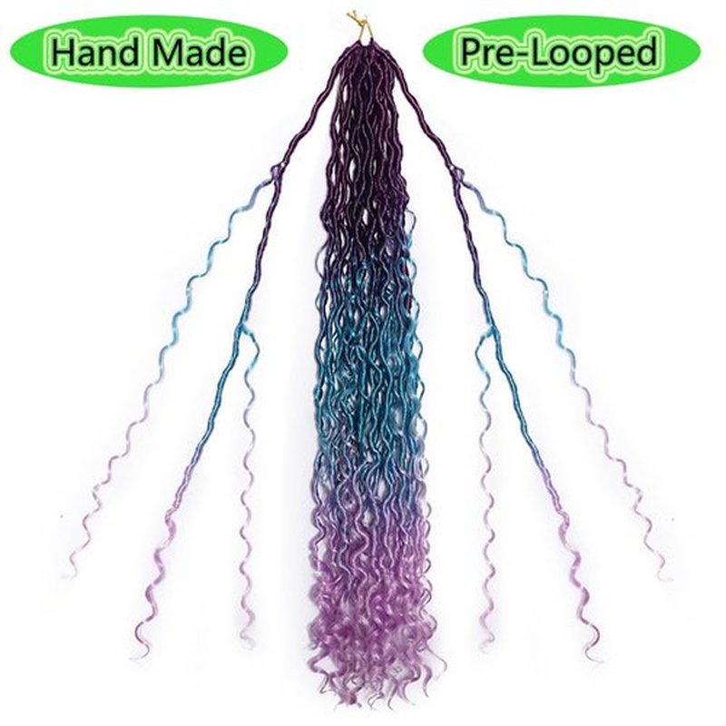 BALINGHAIR Goddess Locs Crochet Hair Ombre Purple to Lake Blue to Light Purle 22 Inch 3 Packs Bohemian Faux Locs Crochet Hair With Curly Ends Pre Looped Hair Extensions 16 Roots/Pack(C26)
