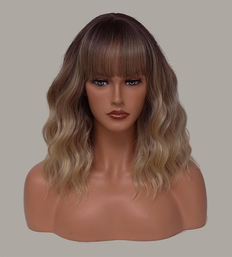Short Blonde Wigs with Bangs 14Inch Ombre Blonde Highlights Curly Bob Wig for Women Shoulder Length Natural Looking Hair Replacement Wig for Daily Party Use Cosplay Costume Halloween Wig