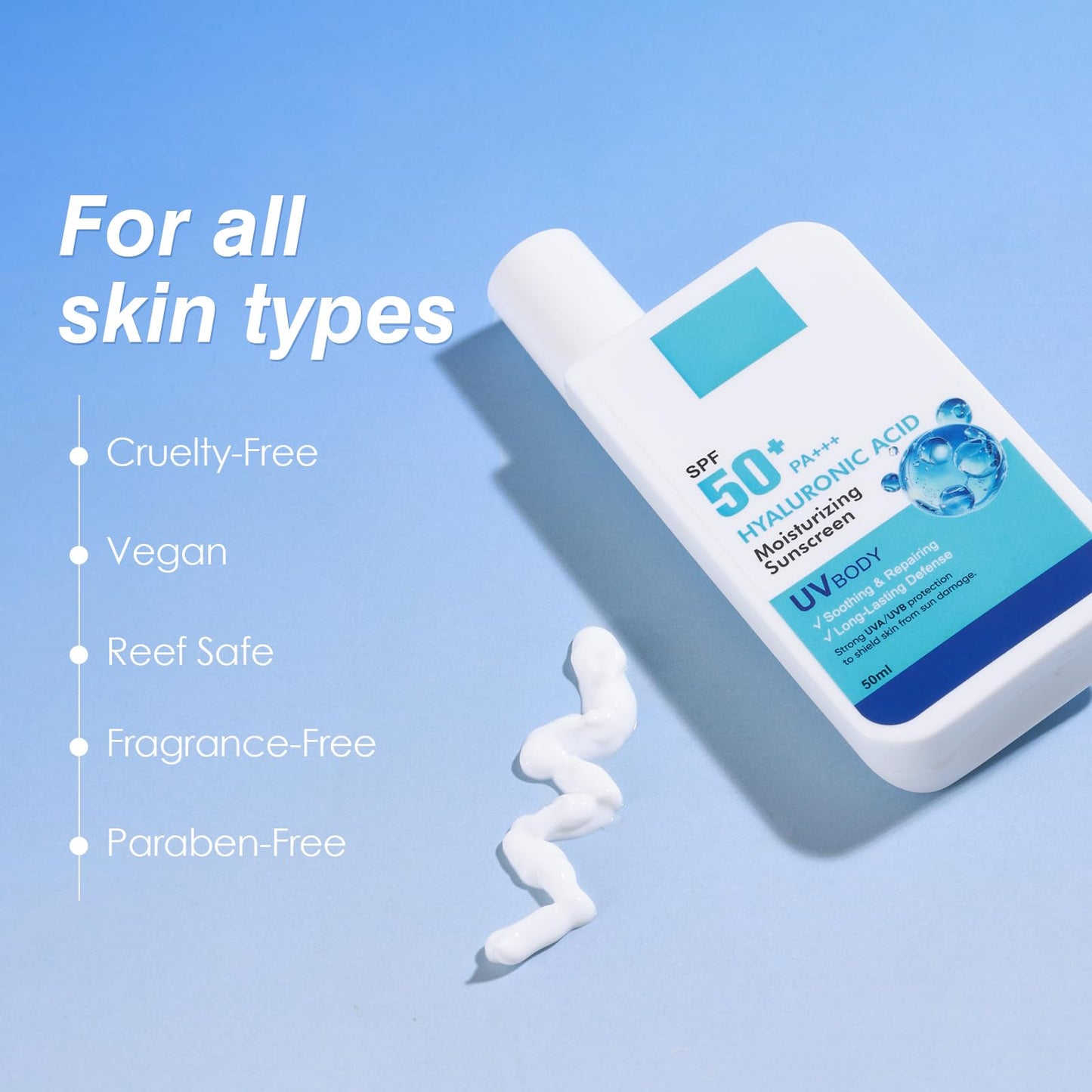 Moisturizing Sunscreen SPF 50 PA++++ with Hyaluronic Acid | Daily Face & Body Sun Protection, Lightweight, Non-Greasy, Suitable for All Skin Types Including Sensitive Skin, 1.7 oz