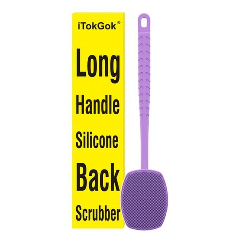 iTokGoK® All New Premium Silicone Back Scrubber with Tire Anti-Slip Long Handle for Shower, Gentle Exfoliating and Massage Brush Scrubber for Sensitive Skin for Men and Women (Purple)