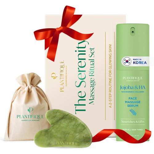 PLANTIFIQUE Massage Ritual Set Premium Certified Rose Quartz Gua Sha + Vitamin C Serum Skin Care Set, Birthday Gifts for Women, Teens, Mom, Brides