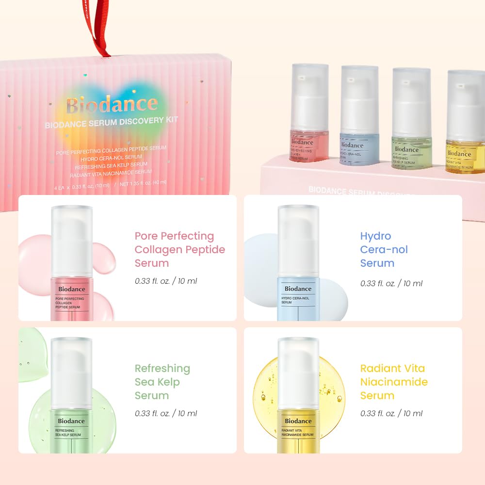 BIODANCE Serum Discovery Set: 4 Mini Serums Set, Korean Skin Care with Collagen Peptide, Ceramide Panthenol, Sea Kelp, Vitamin C Niacinamide, Skin Care Set | 10ml x 4 Serums