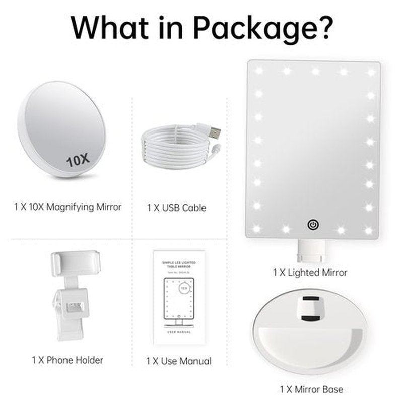 Lighted Makeup Vanity Mirror with Phone Holder and 10X Magnifying Mirror, 21 LED Lighted Mirror with Touch Sensor Dimming, 180°Adjustable Rotation, Dual Power Supply, Portable Cosmetic Mirror