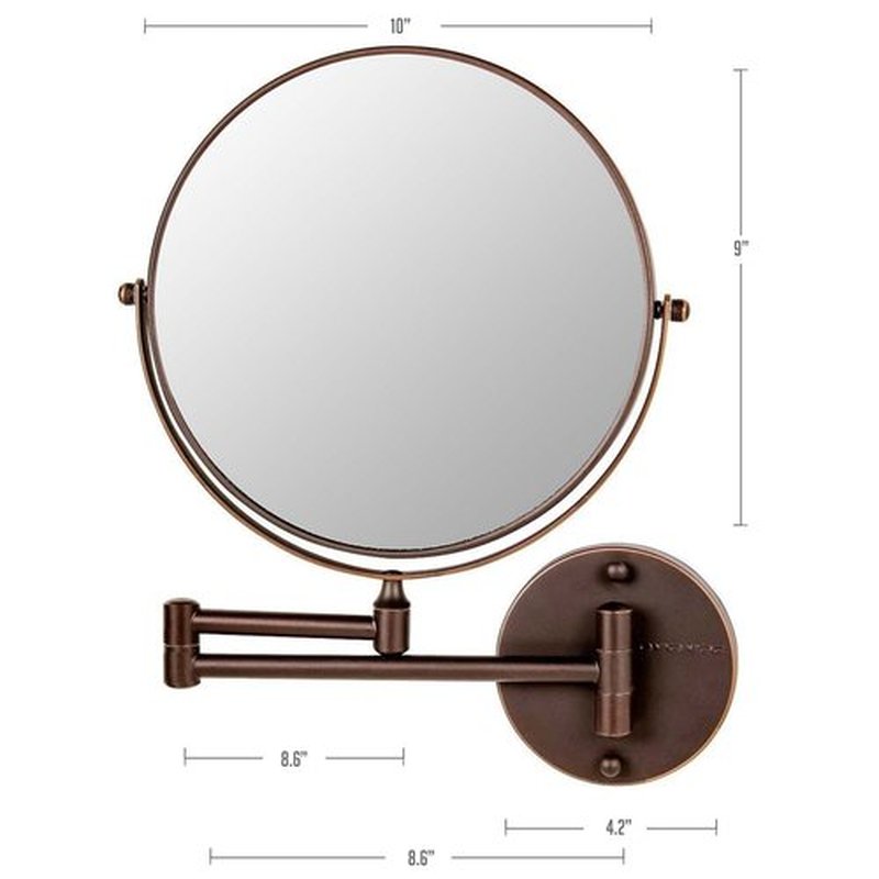 OVENTE 9" Wall Mounted Makeup Mirror with 1X/10X Magnification, Double Sided Magnifying Round Bathroom Vanity Mirror, 360° Swivel Design, Extendable and Folding Arm, Antique Bronze MNLFW90ABZ1X10X