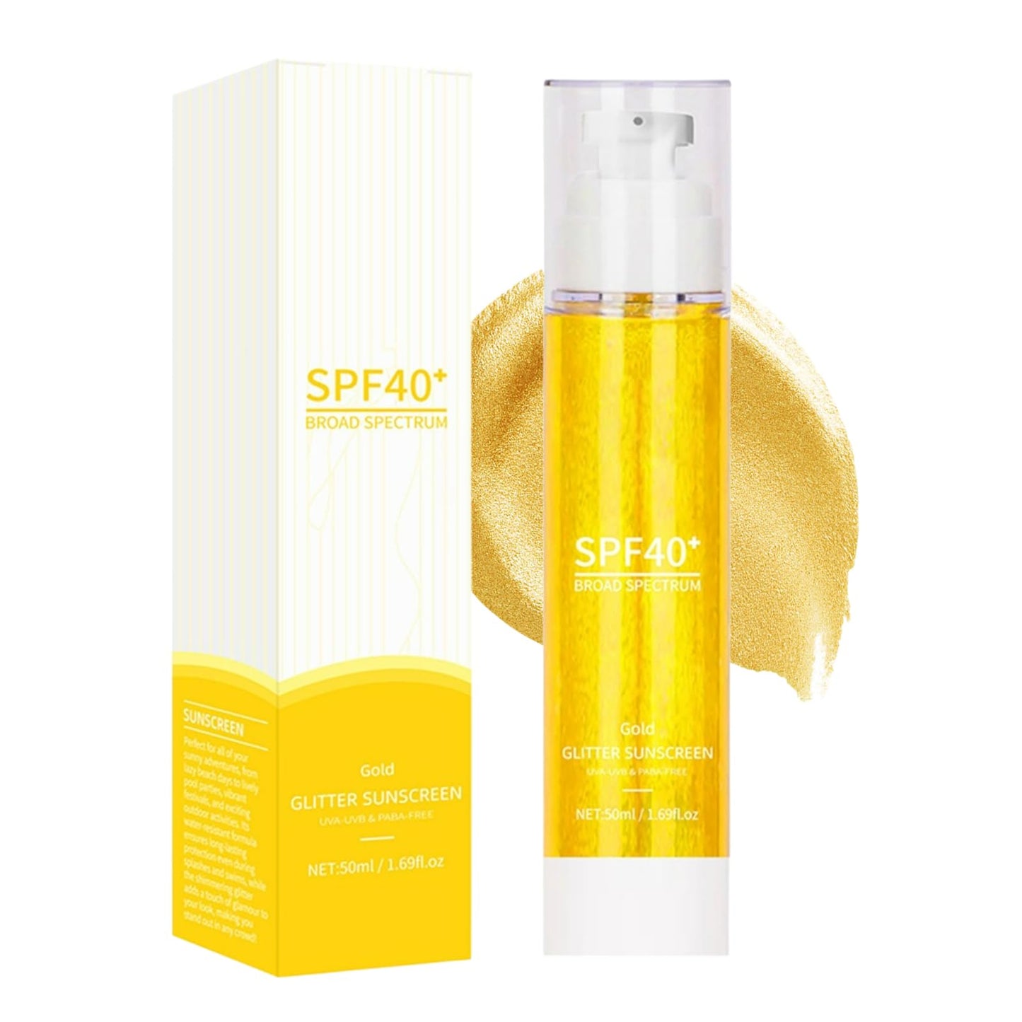 Body Glow Shimmering Gel with SPF 40+ Glitter Effect & Broad Spectrum Protection, Lightweight Glow Body Oil Non-Sticky Formula, Quick Absorbing for Face & Body, Vegan (Gold)