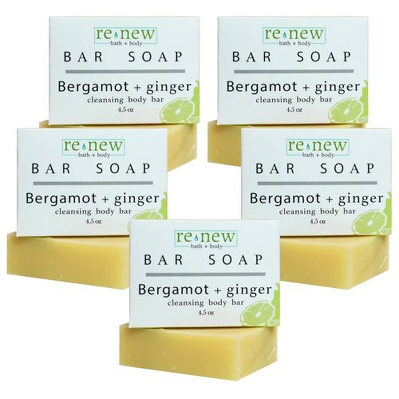 renew bath + body Natural Bar Soap, Bergamot & Ginger, Handmade in the USA by Cold Process with a Moisturizing Oil Blend Infused with Shea Butter - 5 Pack, 4.5 ounce bars