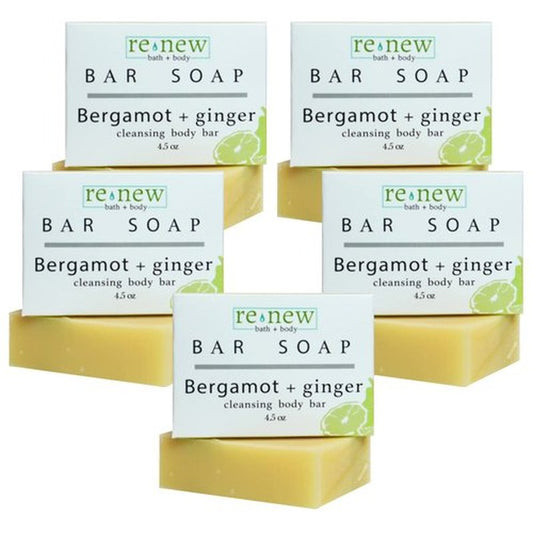 renew bath + body Natural Bar Soap, Bergamot & Ginger, Handmade in the USA by Cold Process with a Moisturizing Oil Blend Infused with Shea Butter - 5 Pack, 4.5 ounce bars