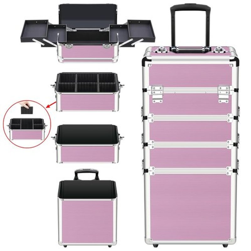 OUDMAY Makeup Train Case 4 in 1 Professional Cosmetics Rolling Organizer Aluminum Frame and Folding Trays Pink