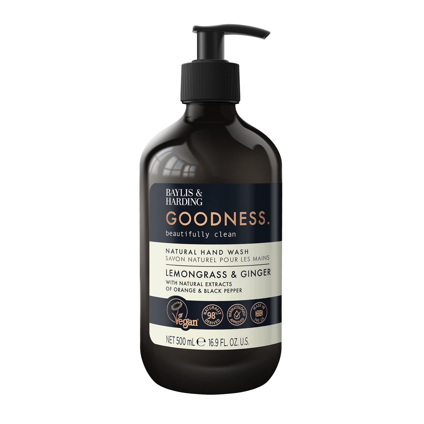 Baylis & Harding Liquid Hand Soap Wash with Dispenser, Goodness, Lemongrass & Ginger, 16.9oz/500ml (3-Pack)