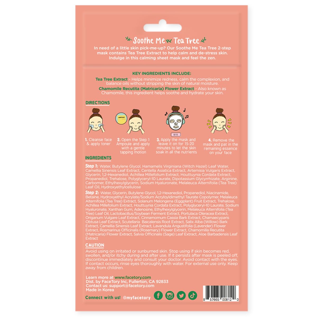 FACETORY K Beauty Face Mask Skin Care - Soothe Me Tea Tree 2-Step Sheet Mask with Tea Tree Extract & Chamomile + Soothing Ampoule | Skin Calming, Acne Clearing (10 Pack)