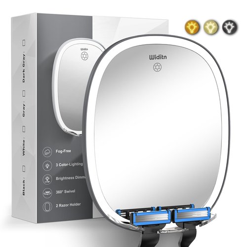 Widitn LED Shower Mirror Fogless for Shaving, Adjustable Shaving Mirror with Razor Holder, 3 Colors Dimmable Lighting, Wall-Mounted, Shatterproof Anti-Fog Bathroom Shower Mirror for Man