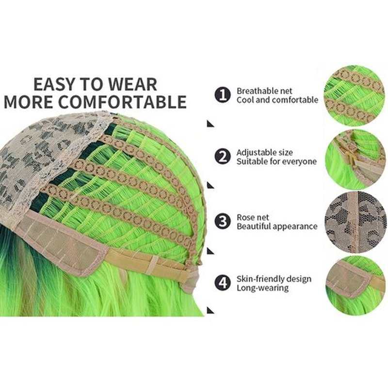 BERON 14 Inches Neon Green Wig Short Curly Wig Lemon Green Wig with Bangs Dark Root Ombre Green Wig Synthetic Wigs Women Girls Ombre Wig with Wig Cap