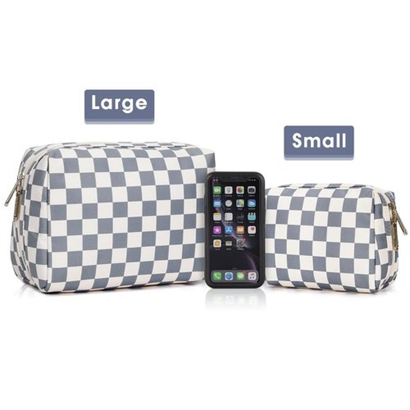 Narwey Large Checkered Makeup Bag Zipper Pouch Travel Cosmetic Bag Organizer for Women (Large, Grayish Blue Checkerboard)